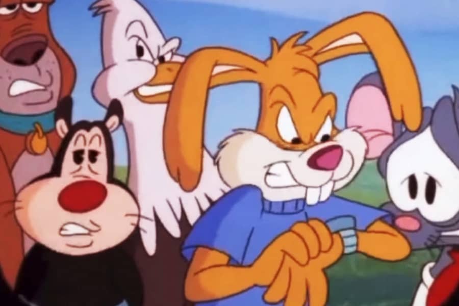 a cartoon rabbit checks his watch