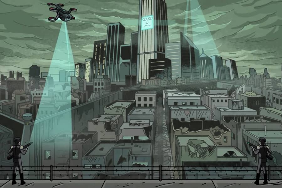 drone choppers patrol a dystopian city with walls and armed guards