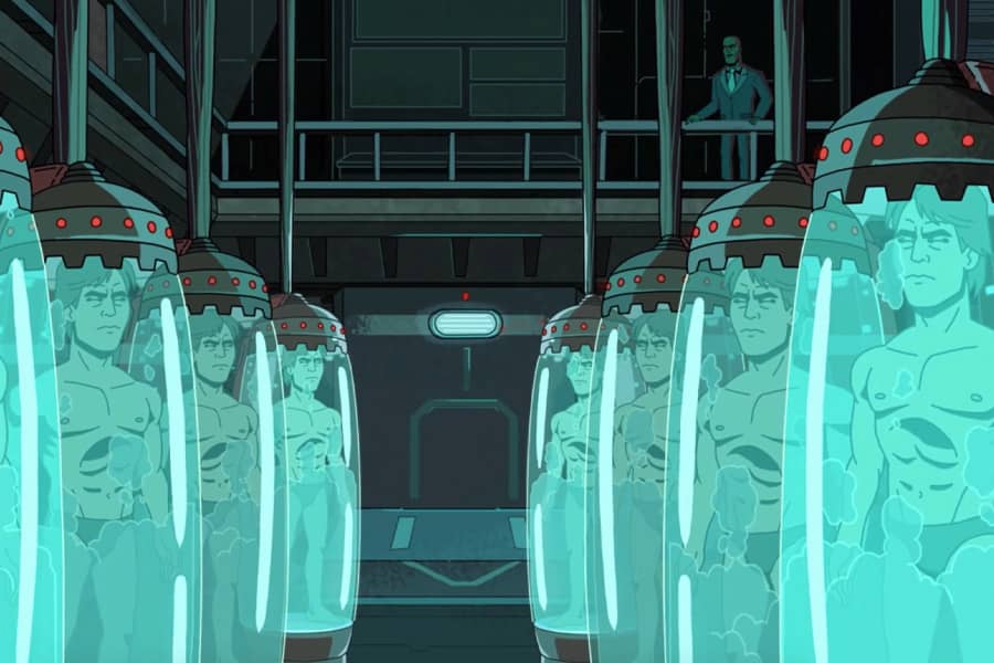 lines of futuristic cloning pods each with a Jan-Michael Vincent inside