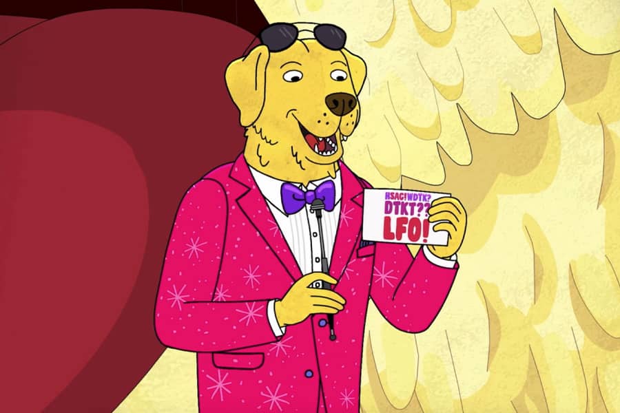 Mr. Peanutbutter reads from a card