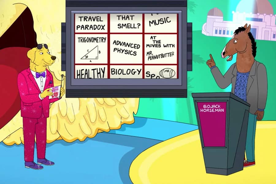 BoJack Horseman chooses from a grid of trivia categories like Travel Paradox, Advanced Physics, and At the Movies with Mr. Peanutbutter