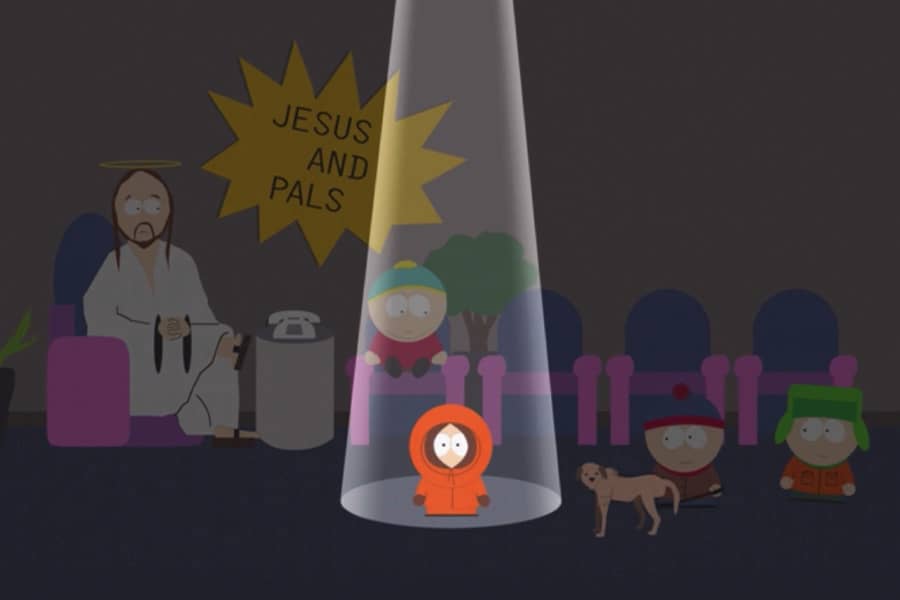 Jesus with the South Park kids, Kenny in a bright spotlight
