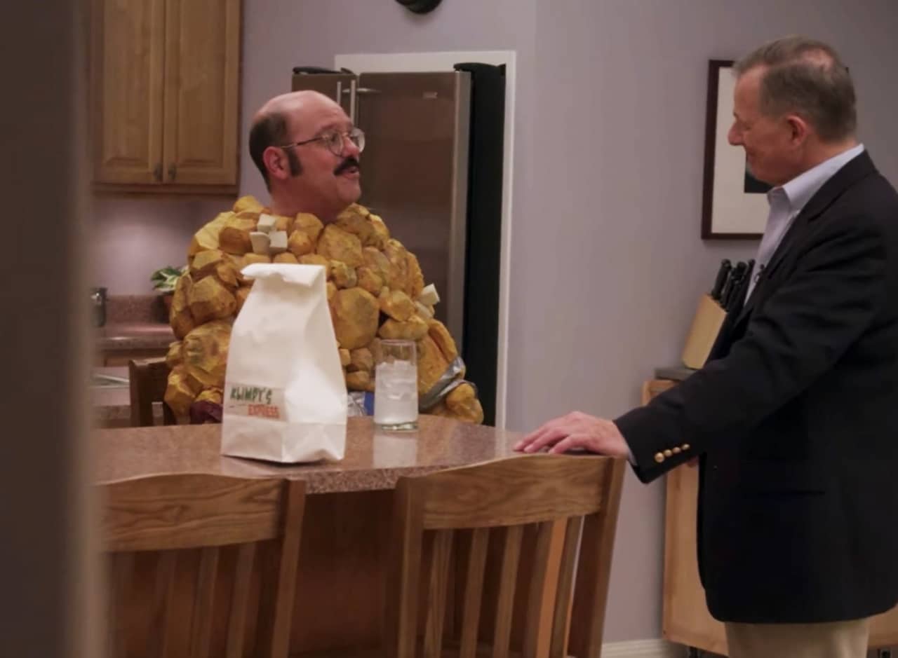 John Beard in the kitchen with Tobias Funke who is dressed as The Thing from the Fantastic Four