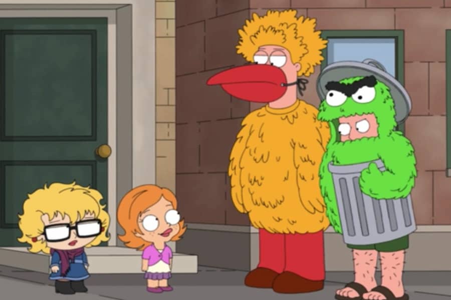 two small children talk with Large Bird and Moody Green Garbage Creature (Big Bird and Oscar the Grouch parodies)