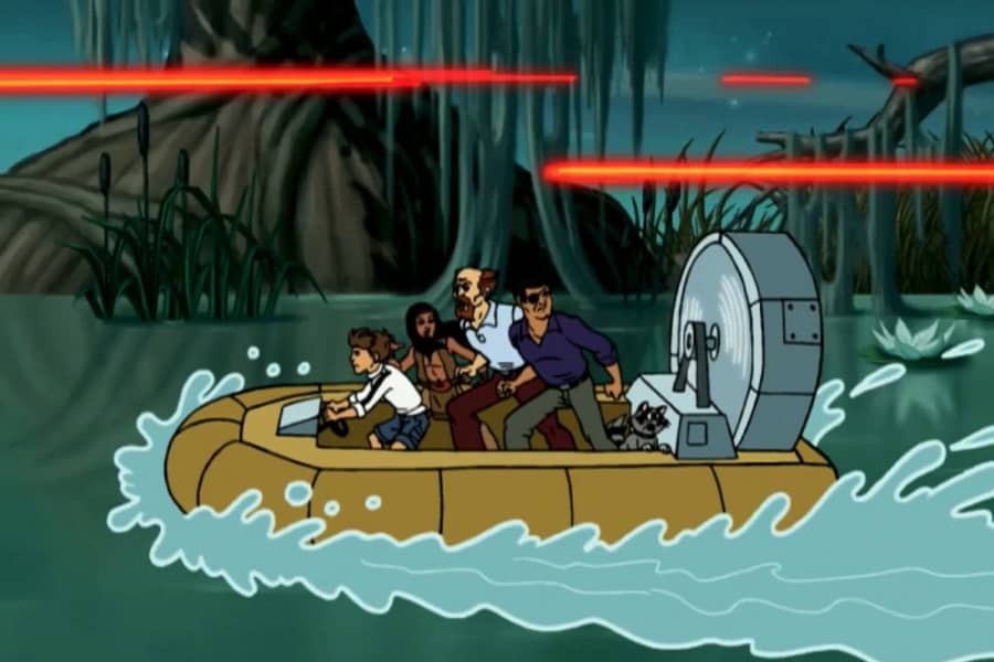 The Hunt team racing in a swamp boat away from lasers