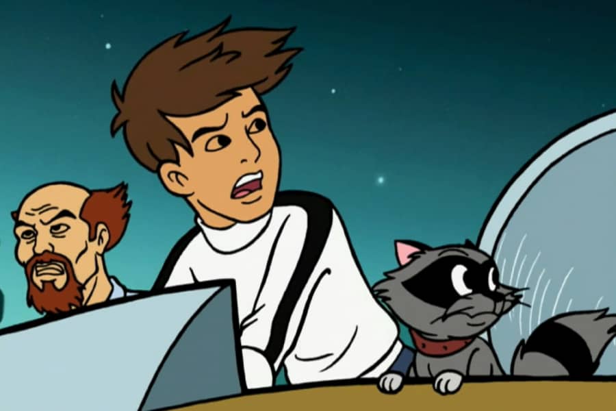 Jonny Hunt driving the boat with his raccoon pet