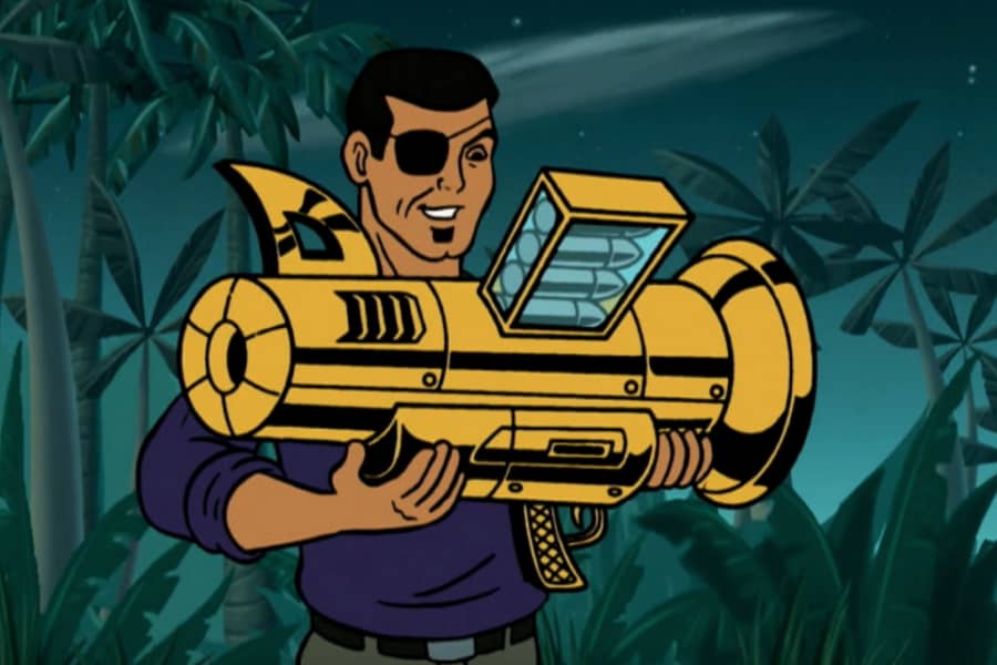 eye patch guy holding a big futuristic gun
