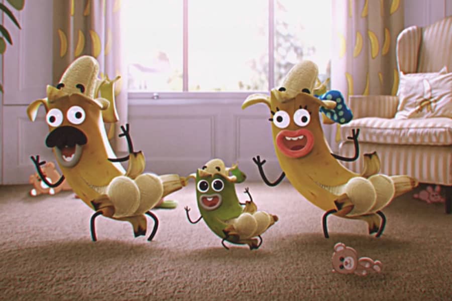 mom, dad, and baby banana with their bums revealed