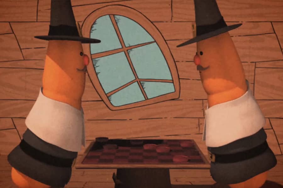 two pilgrim carrots playing checkers