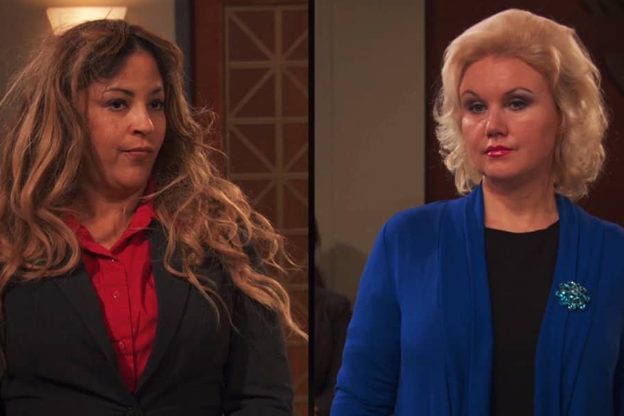 split screen of two people, a blonde and a brunette with wonky hair