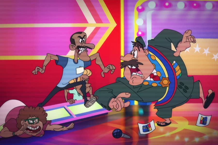 contestants angrily pursuing the host as he runs away