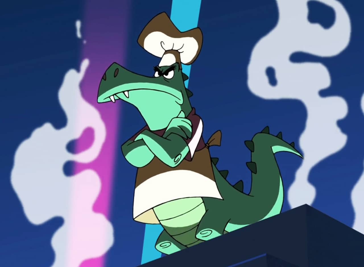dramatic lighting of a crocodile chef contestant, surrounded by spotlights and smoke