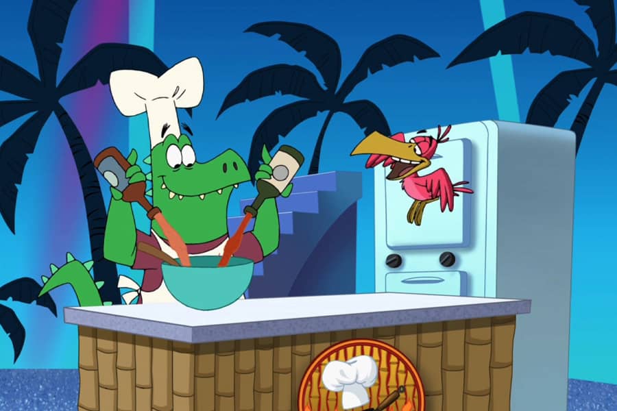 crocodile chef pouring sauces into a bowl