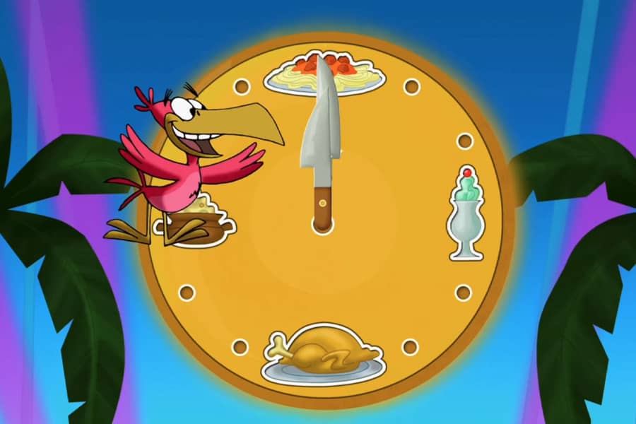 host Mockingbird Mike flying next to the cooking time clock