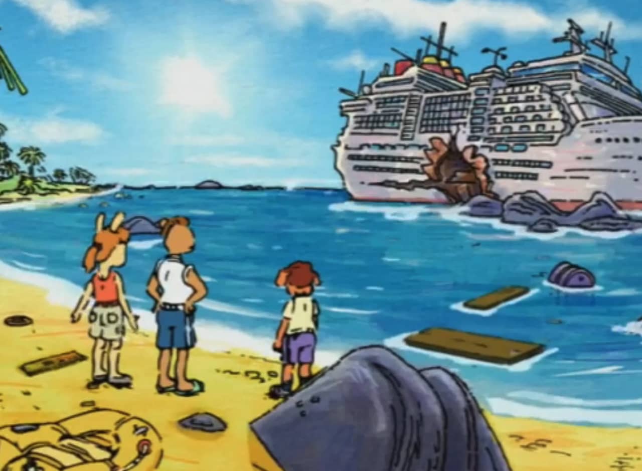 three teens on a beach looking out at a crashed ship