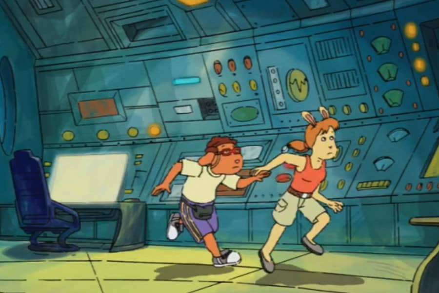 two teens running through the laboratory