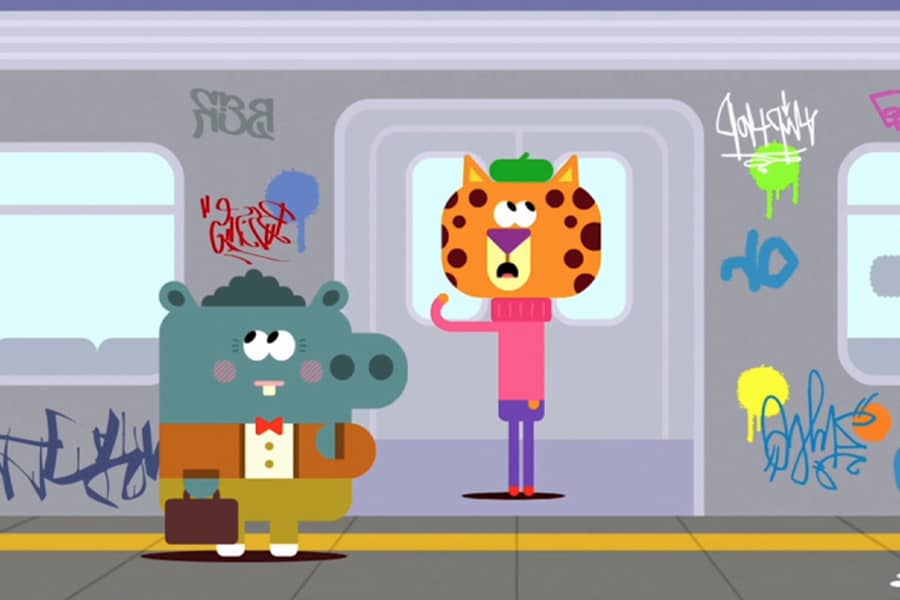 hippo and cheetah standing awkwardly at a subway door