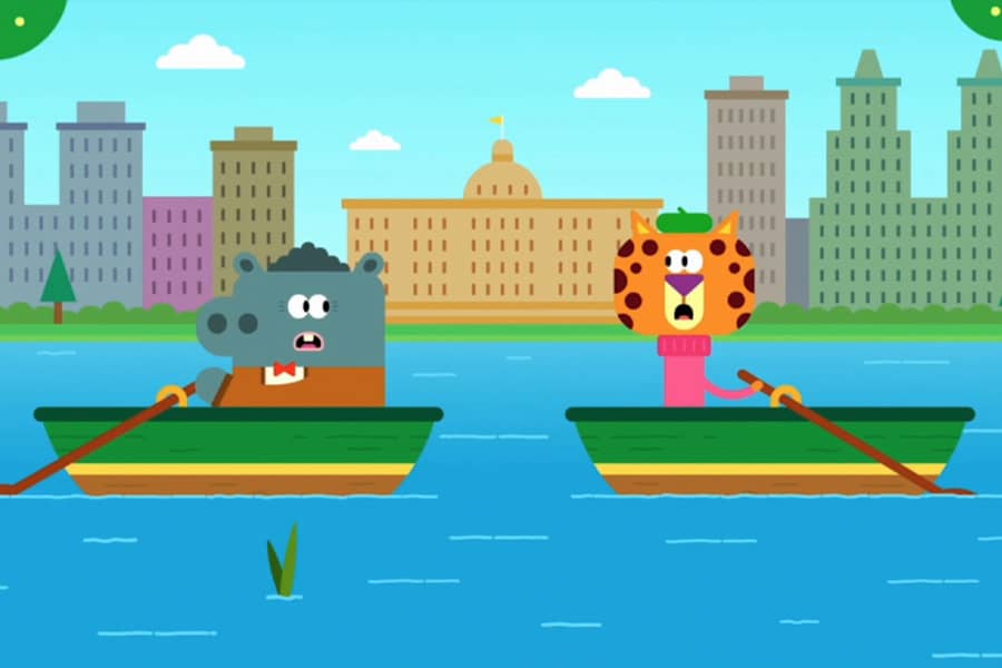 hippo and cheetah awkwardly paddling two separate boats on a lake