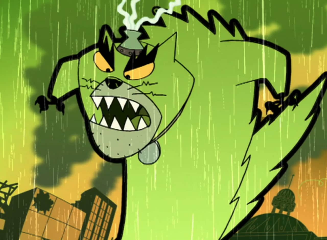 giant cat with electrified helmet and sharp teeth