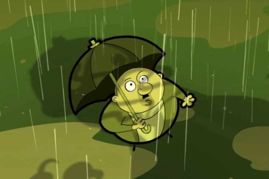 man holding umbrella looking up as a large shadow is cast on him