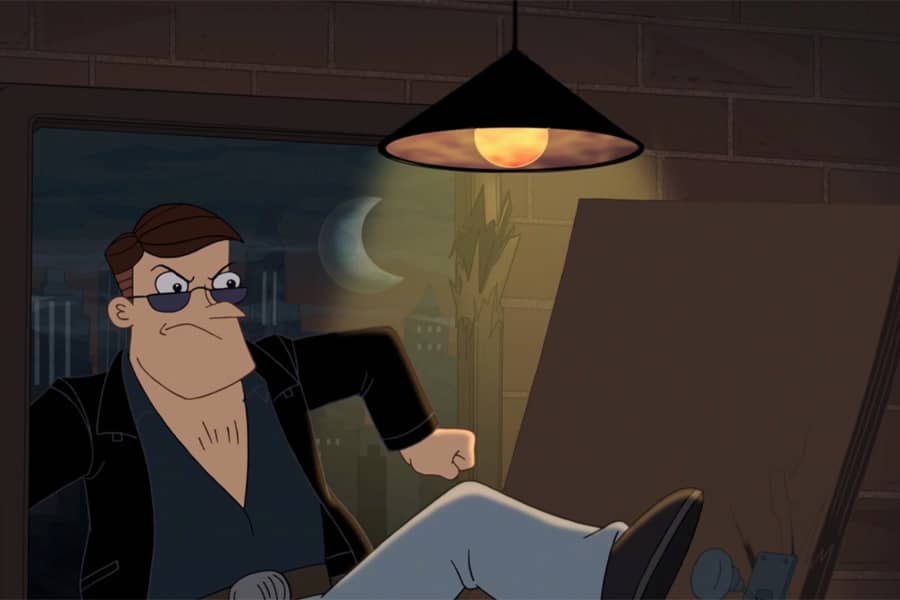 Roger Doofenshmirtz kicking in a door