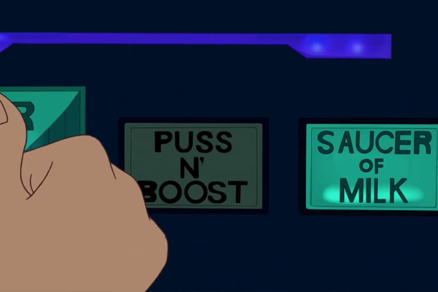 two buttons in the car: saucer of milk and puss ’n’ boots