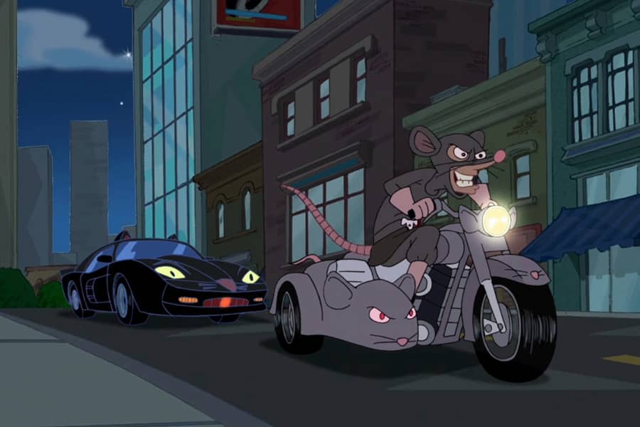 Katt Karr chasing Professor Nibbles on a motorcycle