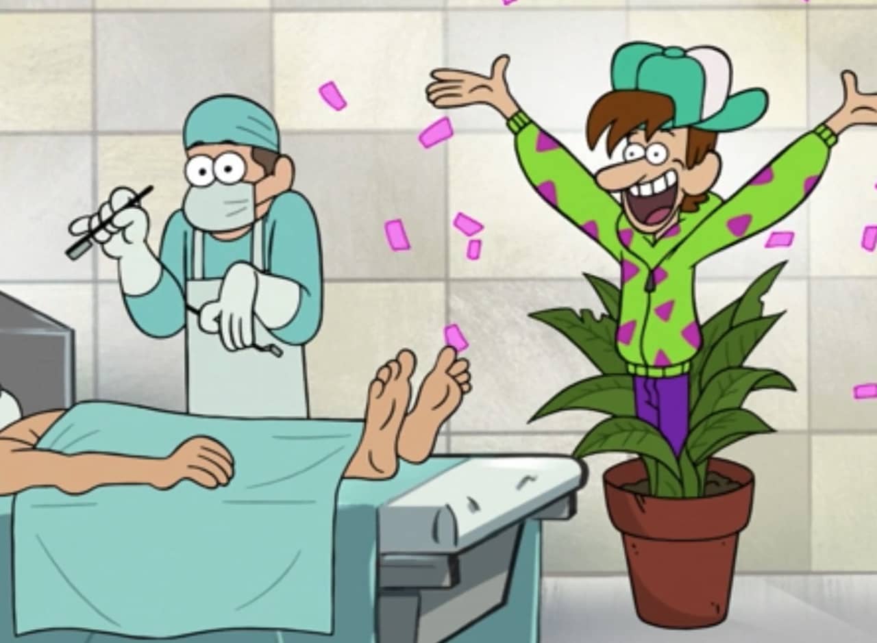 Justin Kerprank jumps out from a plant and throws confetti near a stunned surgeon in an operating room