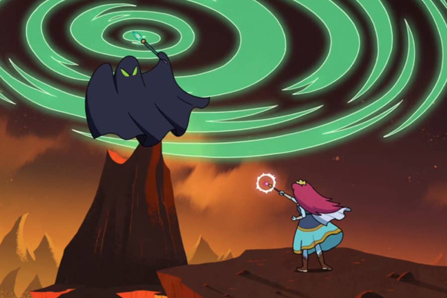 Princess Tarina faces off with a ghost whose emerald wand creates big green swirls in the sky