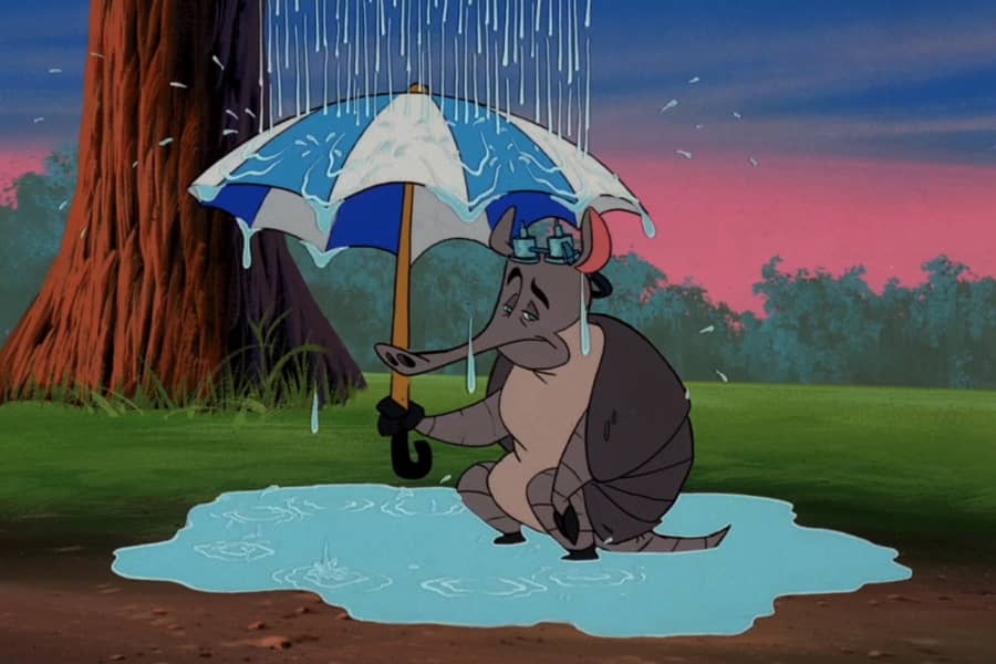 the armadillo holding an umbrella as it rains only on him creating a puddle below him