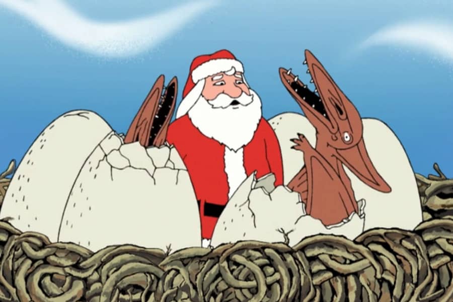 Santa in a giant nest with pterodactyls hatching from giant eggs