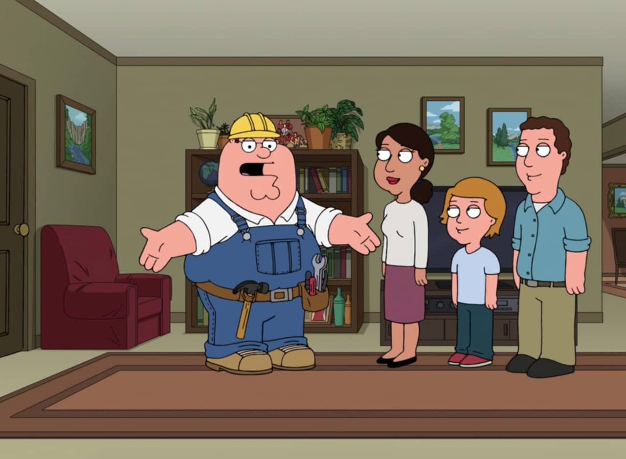 Peter Griffin in overalls and hard hat discussing plans with a family