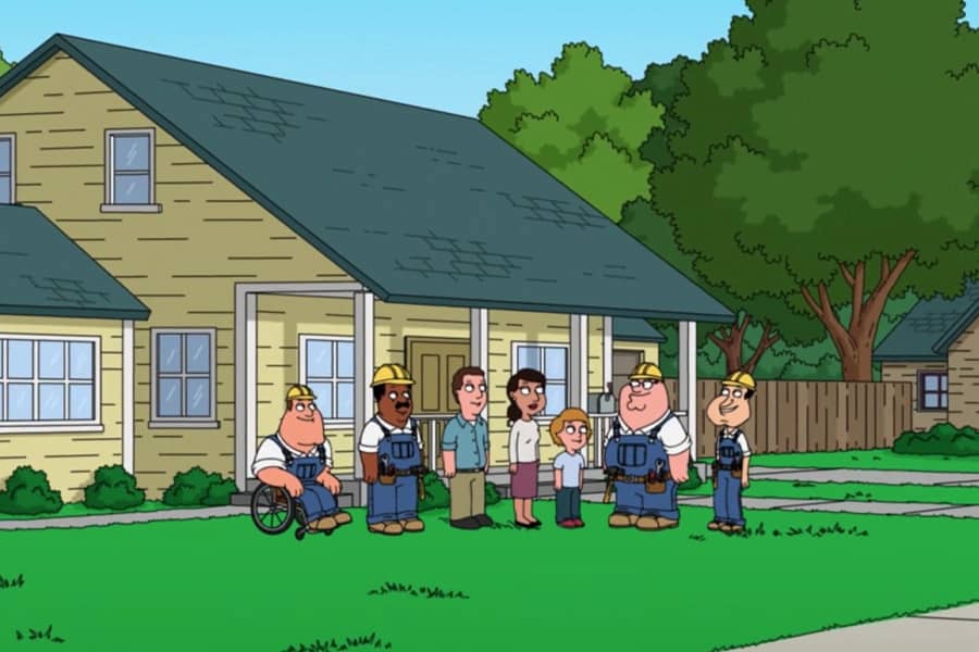 Peter, Cleveland, Quagmire, and Joe outside a house with a family