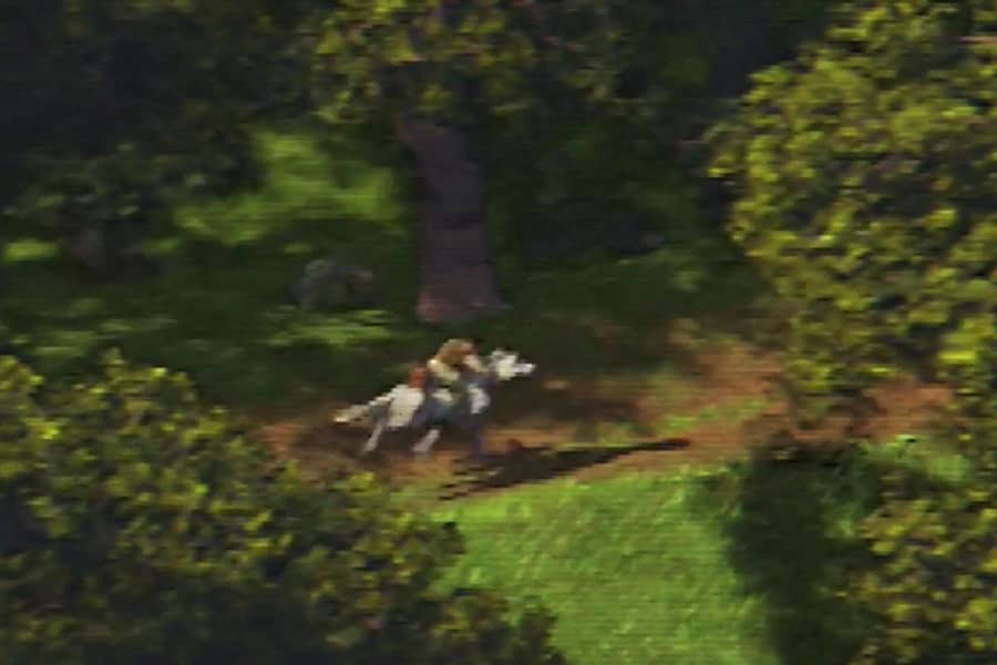 an aerial shot of a man fleeing on a horse