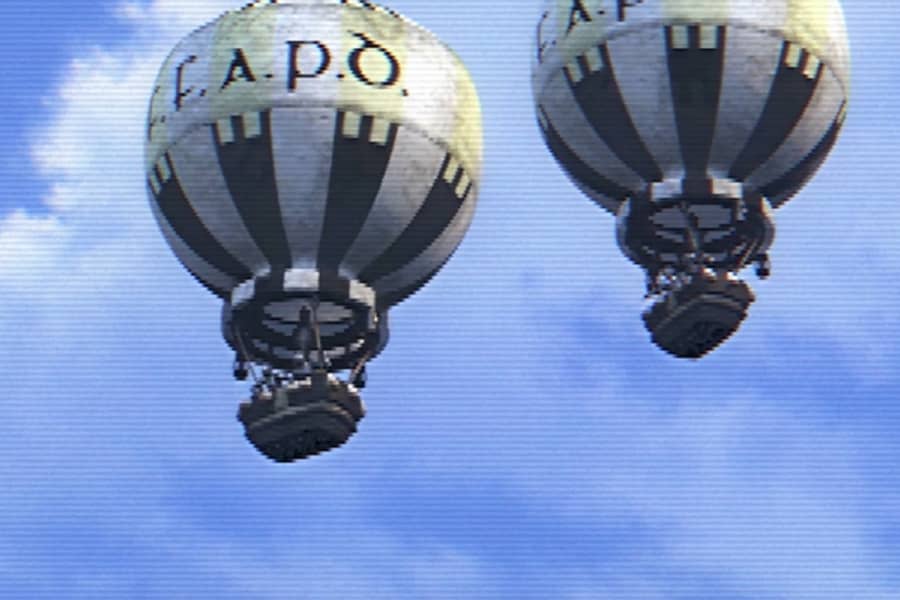 two hot air balloons in the sky labeled F.A.P.D.
