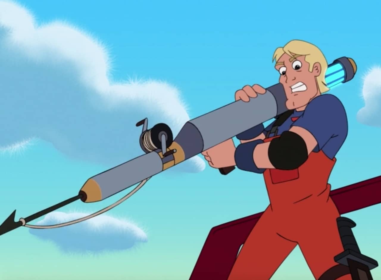 Krillhunter, a blonde man on a boat wearing bib overalls, points a spear gun at the water