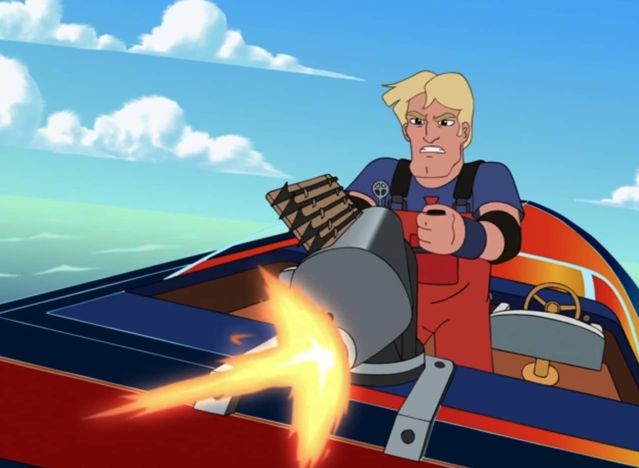 Krillhunter, a blonde man on a boat wearing bib overalls, shoots an automatic spear gun
