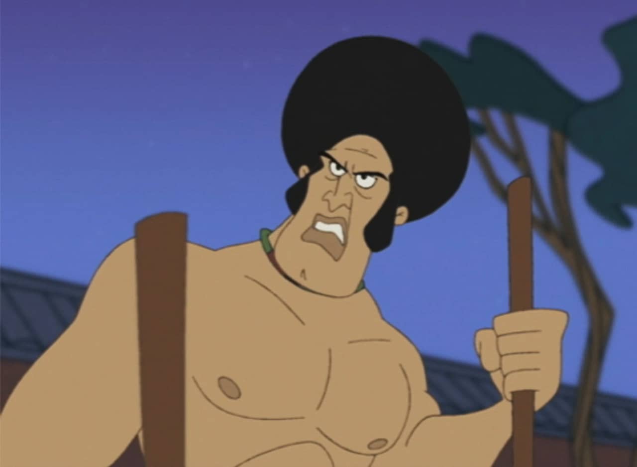 shirtless Jack Stone, a buff Black man with an afro