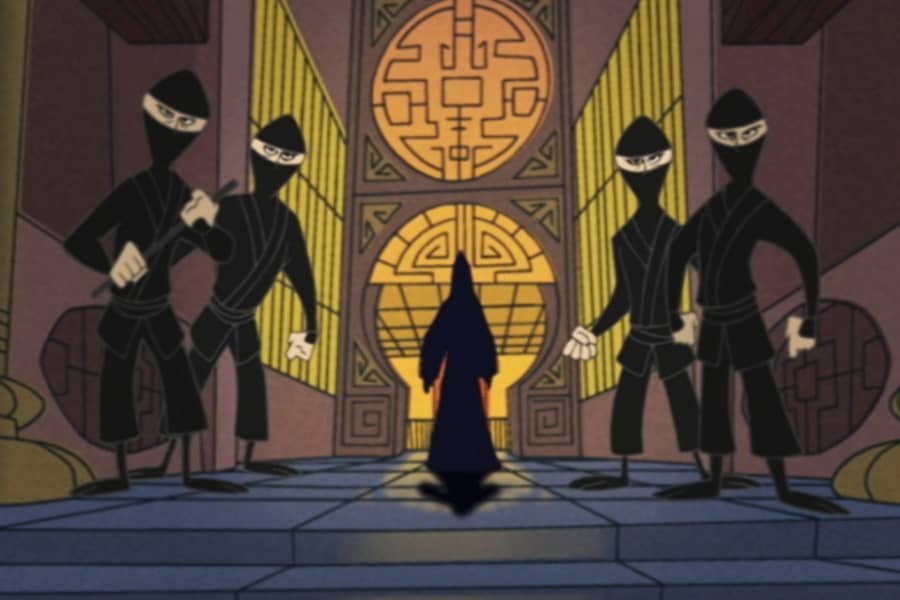 four ninjas stand guard as a shadowy figure walks down a temple hallway