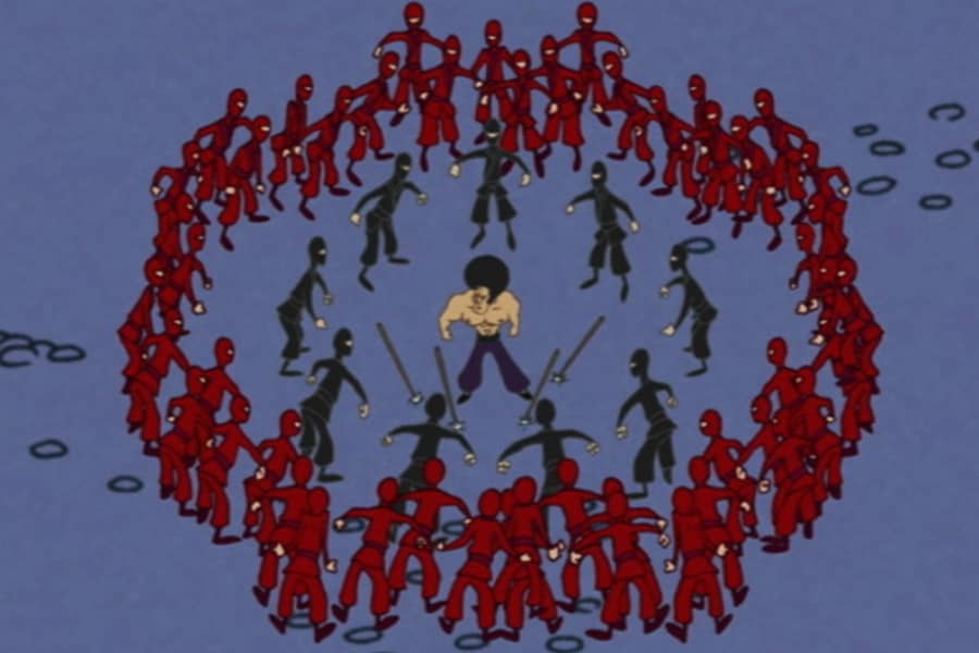 Stone surrounded by a circle of ninjas in black and an even bigger circle of ninjas in red