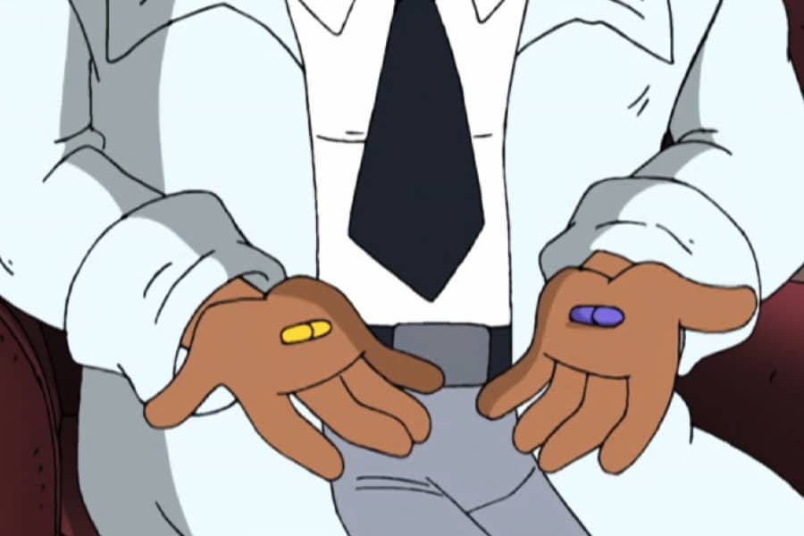 holding out two hands, each holding a different colored pill
