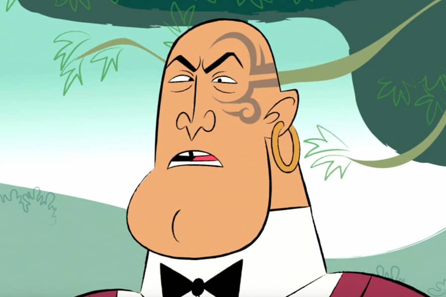 Rod Tango as a waiter, with his face tattoo and big gold earring
