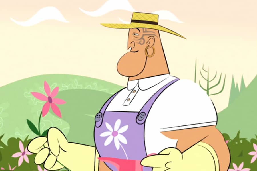 Rod Tango gardening, while wearing a purple apron and sun hat