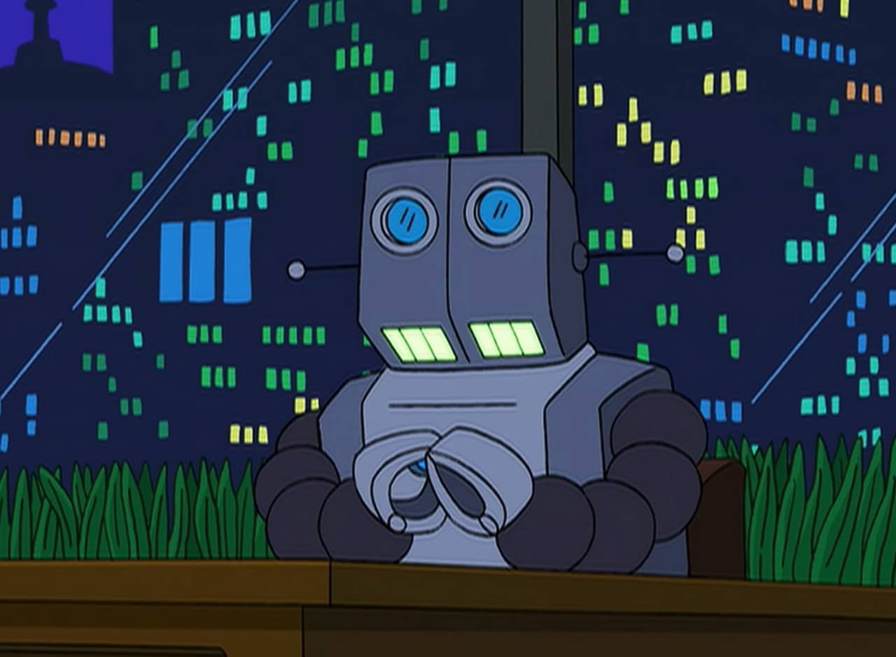Humorbot at his talk show desk