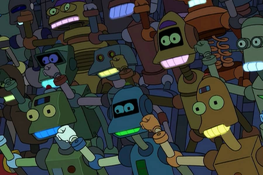audience of robots cheers