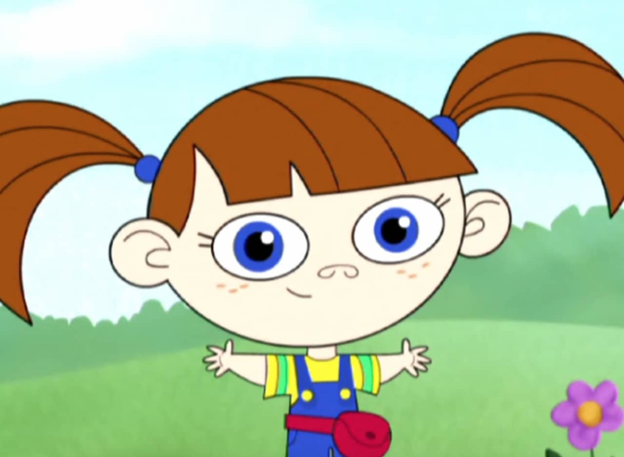 a cartoon girl Lauren, young and white with pigtails, overalls, and a fanny pack