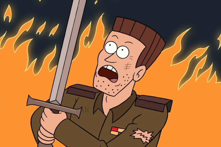 Brick LeFever holding a sword in front of huge flames