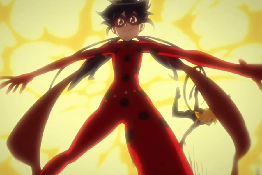Cat Noir and Ladybug flying through the air from a bright yellow explosion