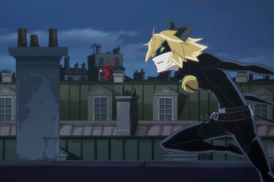 Cat Noir and Ladybug running across the rooftops
