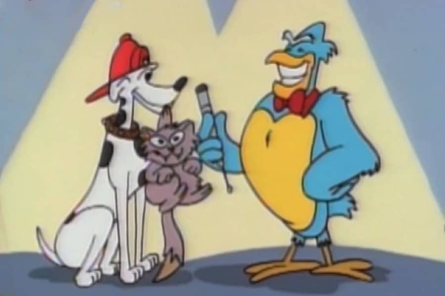 Screech with a firehouse dalmation holding a cat in his mouth